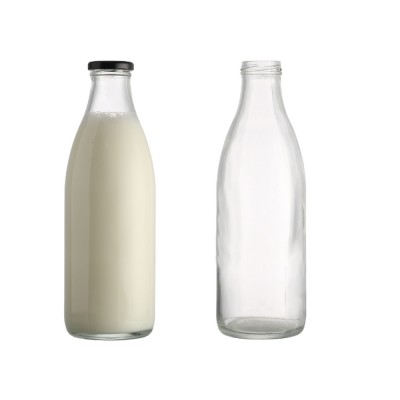 Customised logo Food grade 1litre transparent glass milk bottle with metal lids